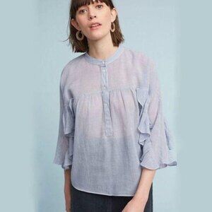 Anthropologie Maeve Ruffle Striped Henley 3/4 Sleeve Blouse Lightweight Sz Small